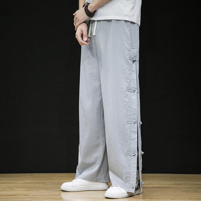 Casual Patchwork Crane Pattern Frog-Button Design Men's Wide Leg Pants With Pockets - Image 14