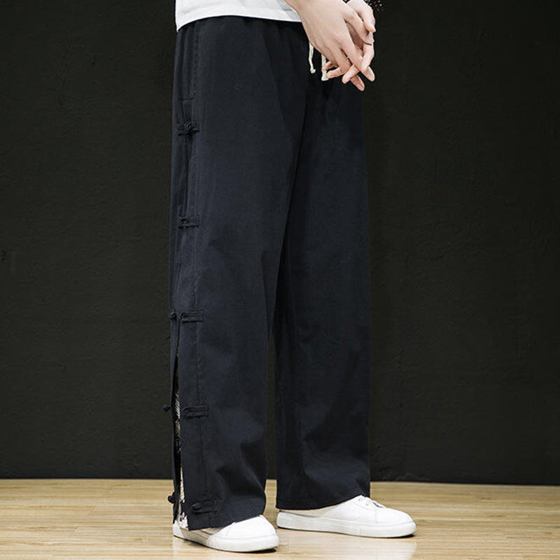 Casual Patchwork Crane Pattern Frog-Button Design Men's Wide Leg Pants With Pockets - Image 7