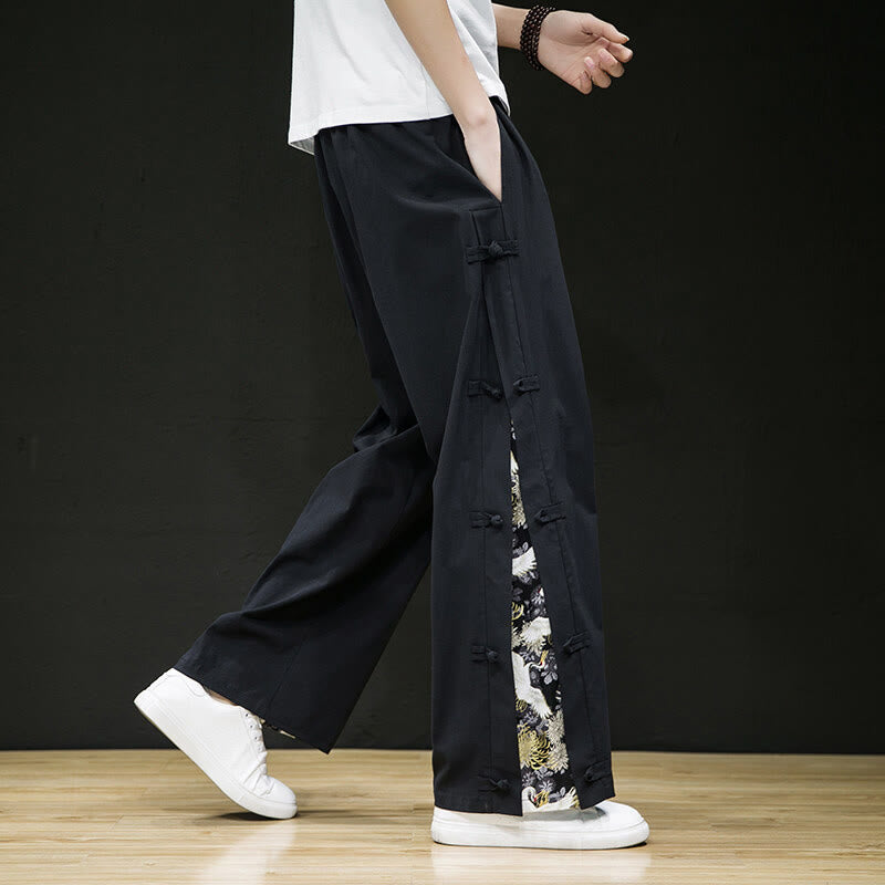 Casual Patchwork Crane Pattern Frog-Button Design Men's Wide Leg Pants With Pockets - Image 6