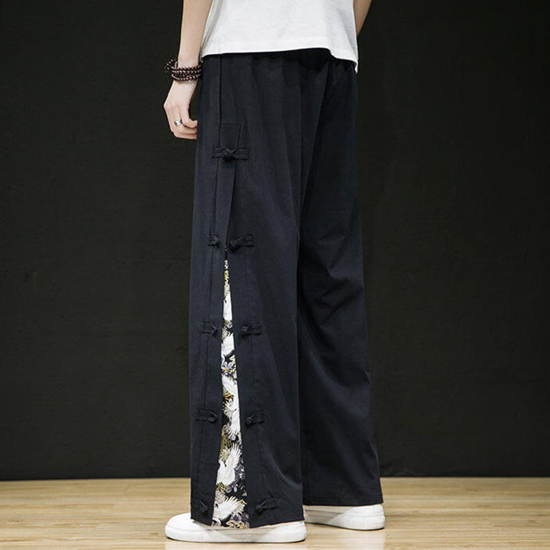 Casual Patchwork Crane Pattern Frog-Button Design Men's Wide Leg Pants With Pockets - Image 3