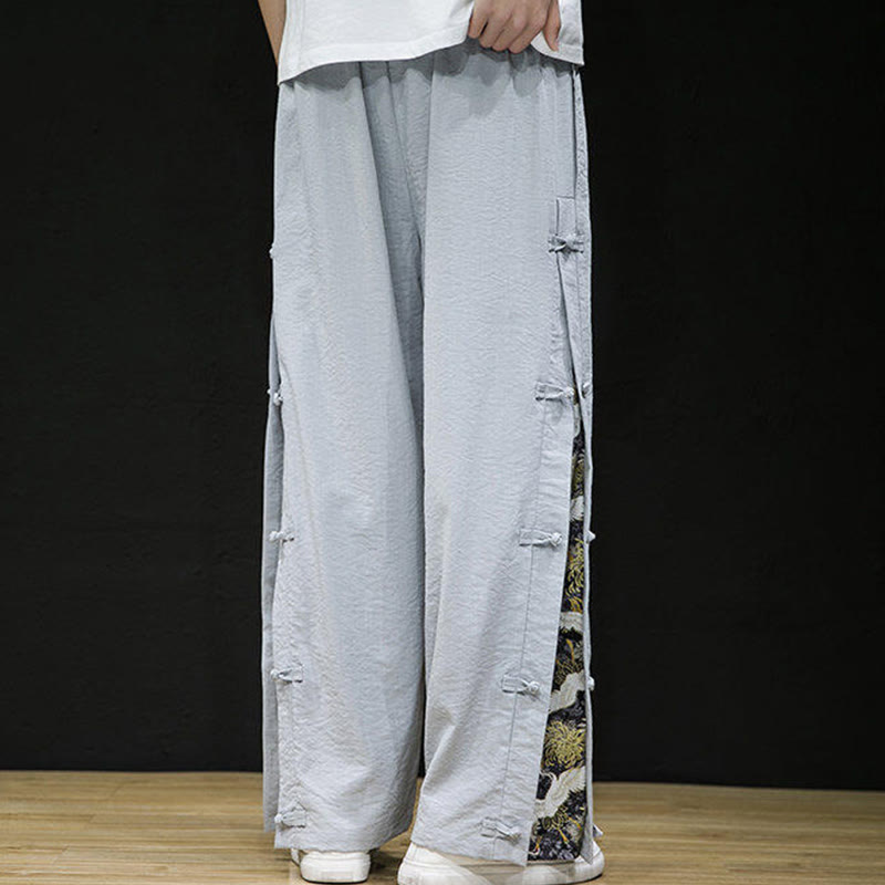 Casual Patchwork Crane Pattern Frog-Button Design Men's Wide Leg Pants With Pockets - Image 16