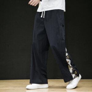 Casual Patchwork Crane Pattern Frog-Button Design Men's Wide Leg Pants With Pockets