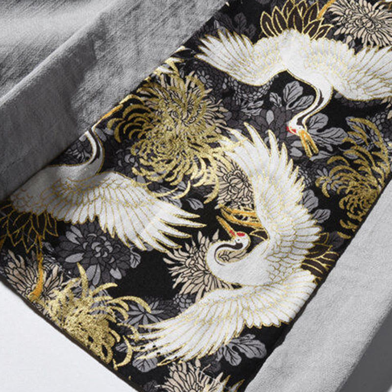 Casual Patchwork Crane Pattern Frog-Button Design Men's Wide Leg Pants With Pockets - Image 28