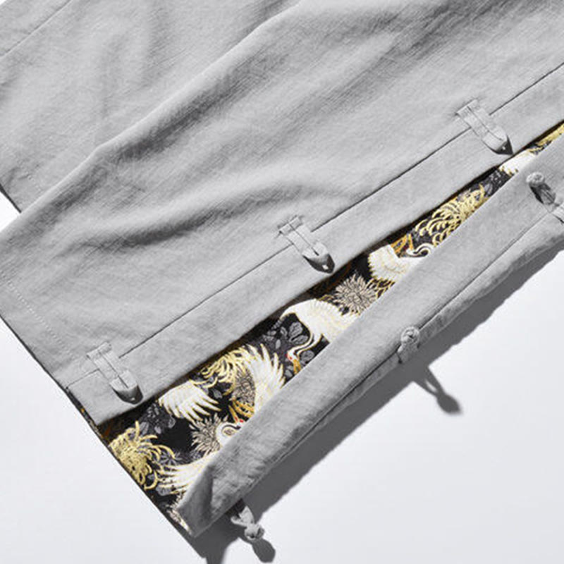 Casual Patchwork Crane Pattern Frog-Button Design Men's Wide Leg Pants With Pockets - Image 29