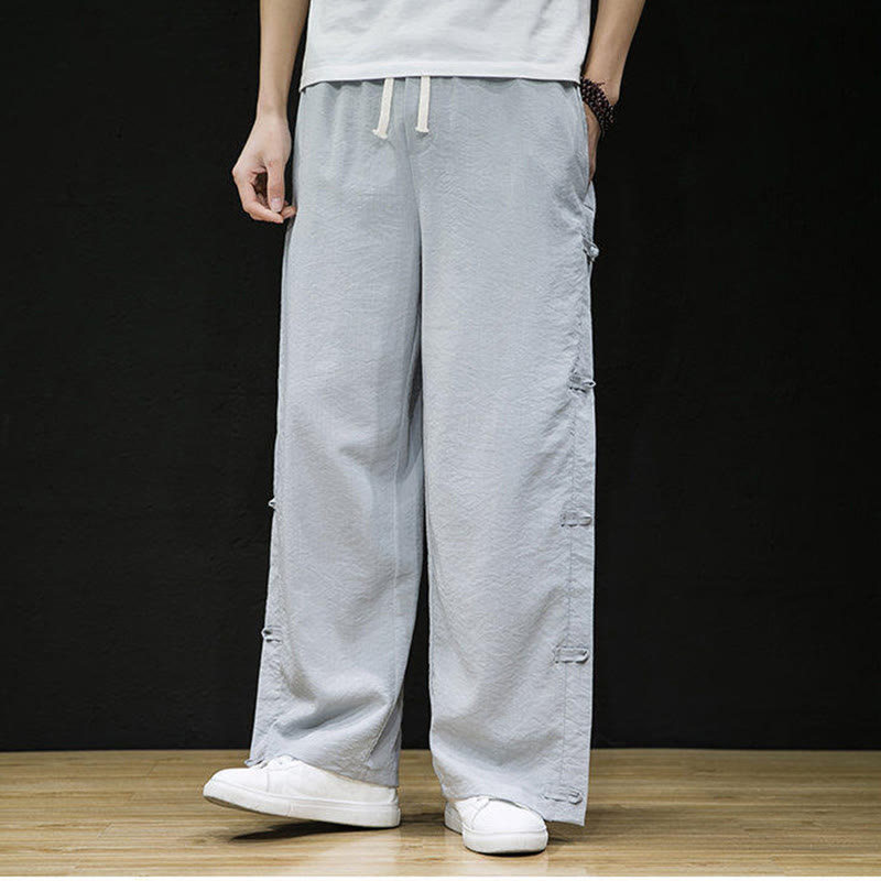 Casual Patchwork Crane Pattern Frog-Button Design Men's Wide Leg Pants With Pockets - Image 17