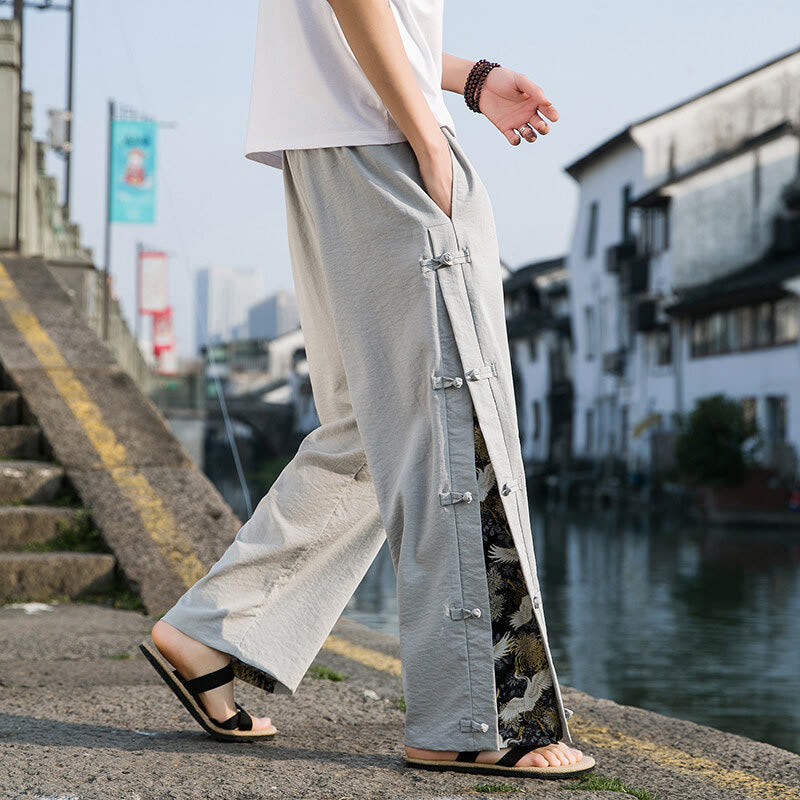 Casual Patchwork Crane Pattern Frog-Button Design Men's Wide Leg Pants With Pockets - Image 12