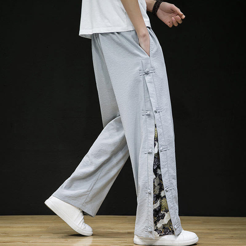 Casual Patchwork Crane Pattern Frog-Button Design Men's Wide Leg Pants With Pockets - Image 19
