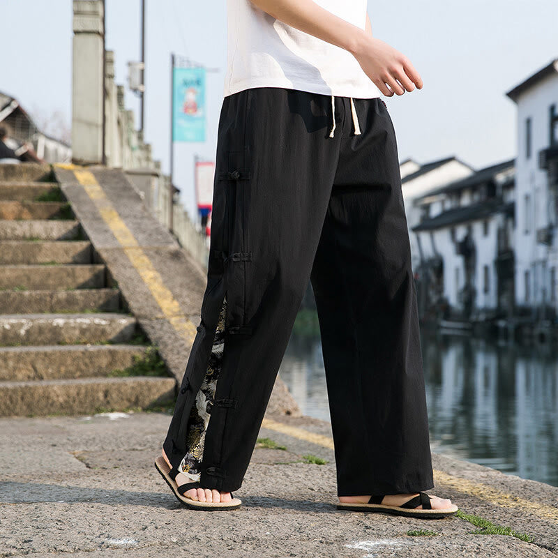 Casual Patchwork Crane Pattern Frog-Button Design Men's Wide Leg Pants With Pockets - Image 2