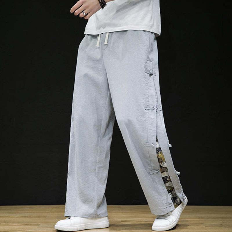 Casual Patchwork Crane Pattern Frog-Button Design Men's Wide Leg Pants With Pockets - Image 15