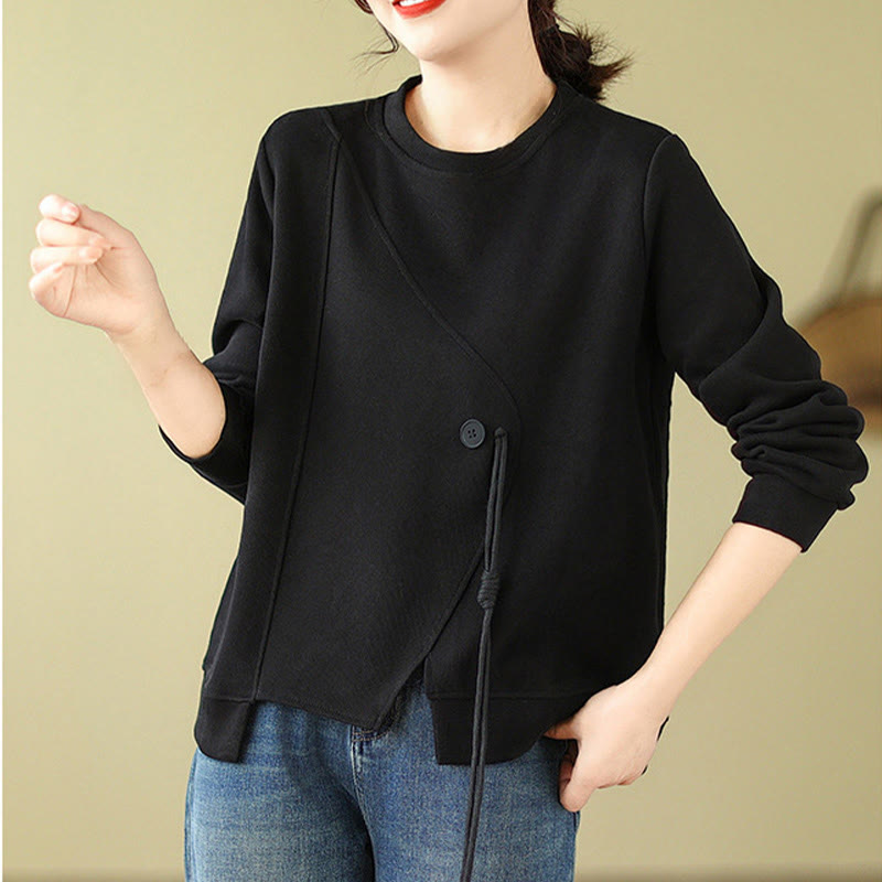 Fall Plain Button Crew Neck Cotton Pullover Women's Sweatshirt - Image 4