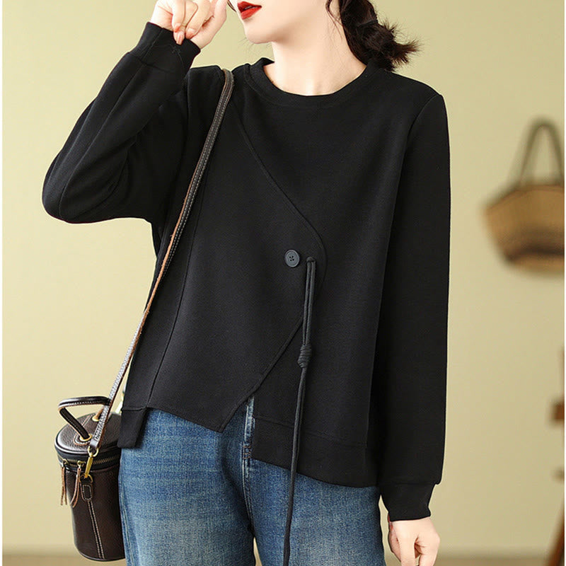 Fall Plain Button Crew Neck Cotton Pullover Women's Sweatshirt - Image 5
