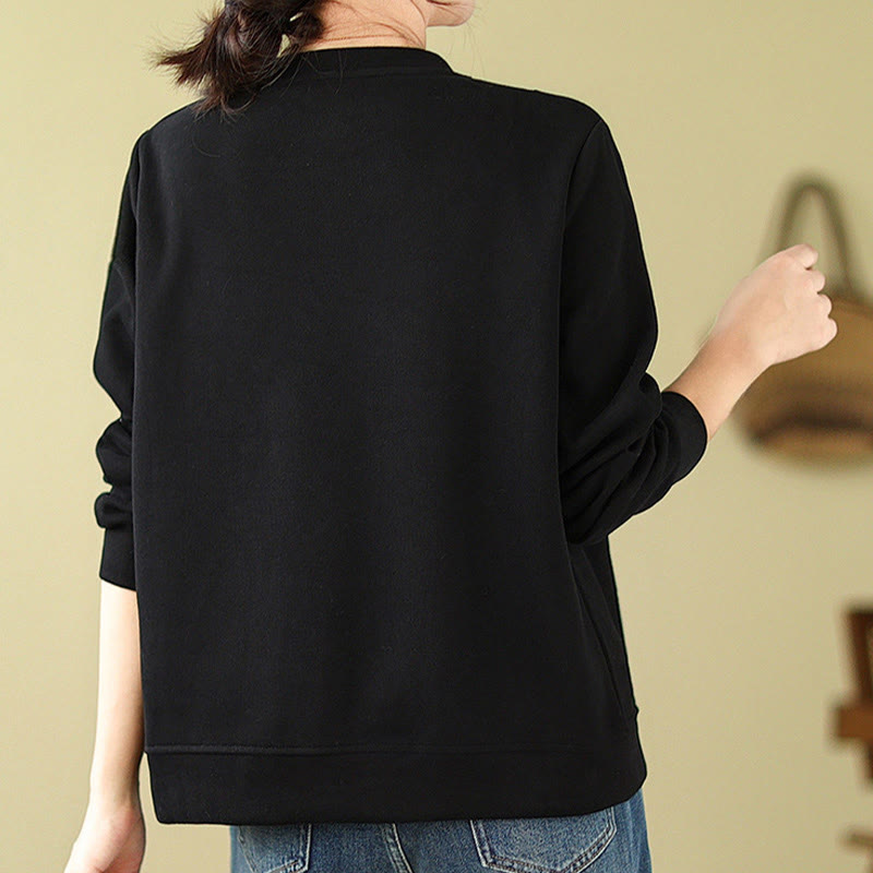 Fall Plain Button Crew Neck Cotton Pullover Women's Sweatshirt - Image 6