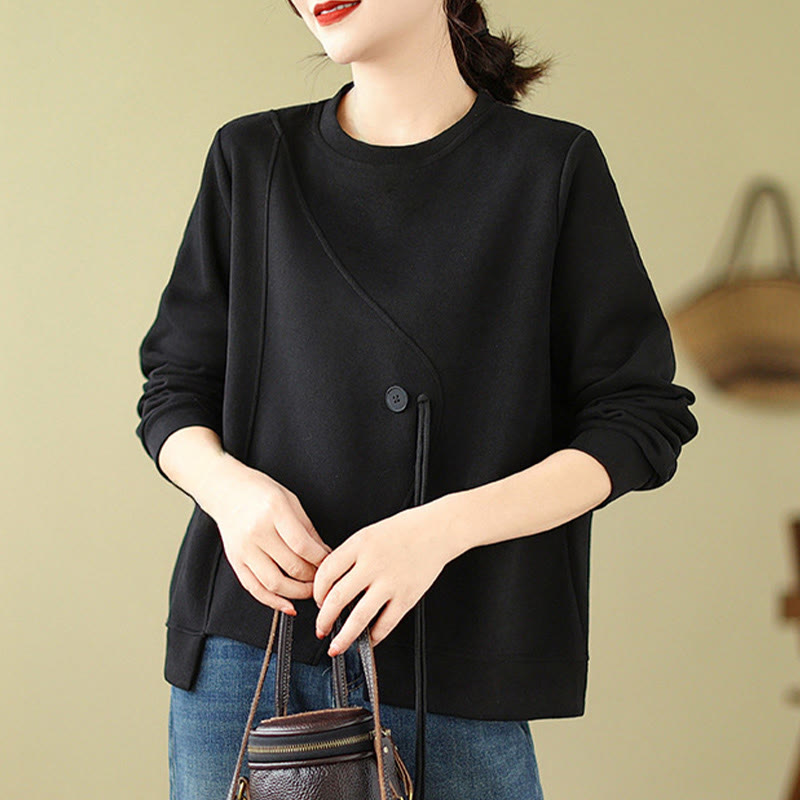 Fall Plain Button Crew Neck Cotton Pullover Women's Sweatshirt - Image 3