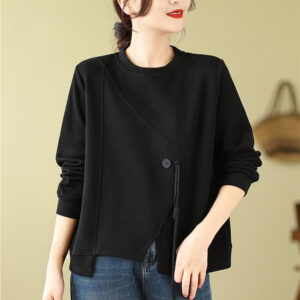 Fall Plain Button Crew Neck Cotton Pullover Women's Sweatshirt