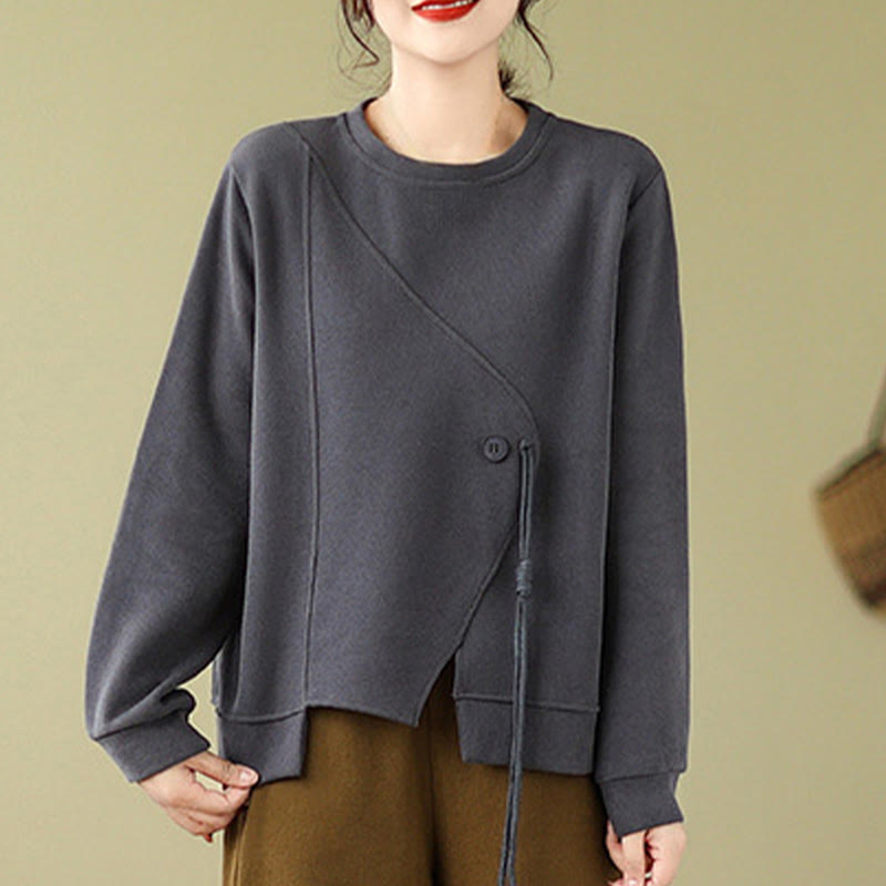 Fall Plain Button Crew Neck Cotton Pullover Women's Sweatshirt - Image 9