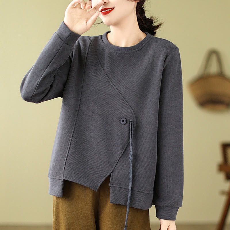 Fall Plain Button Crew Neck Cotton Pullover Women's Sweatshirt - Image 7