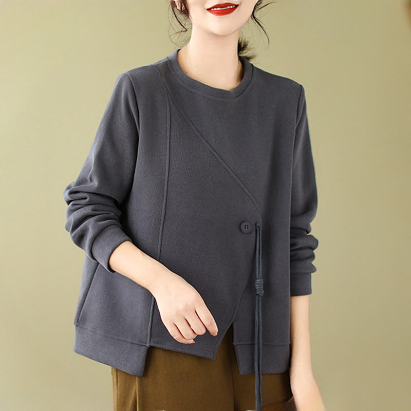 Fall Plain Button Crew Neck Cotton Pullover Women's Sweatshirt - Image 8