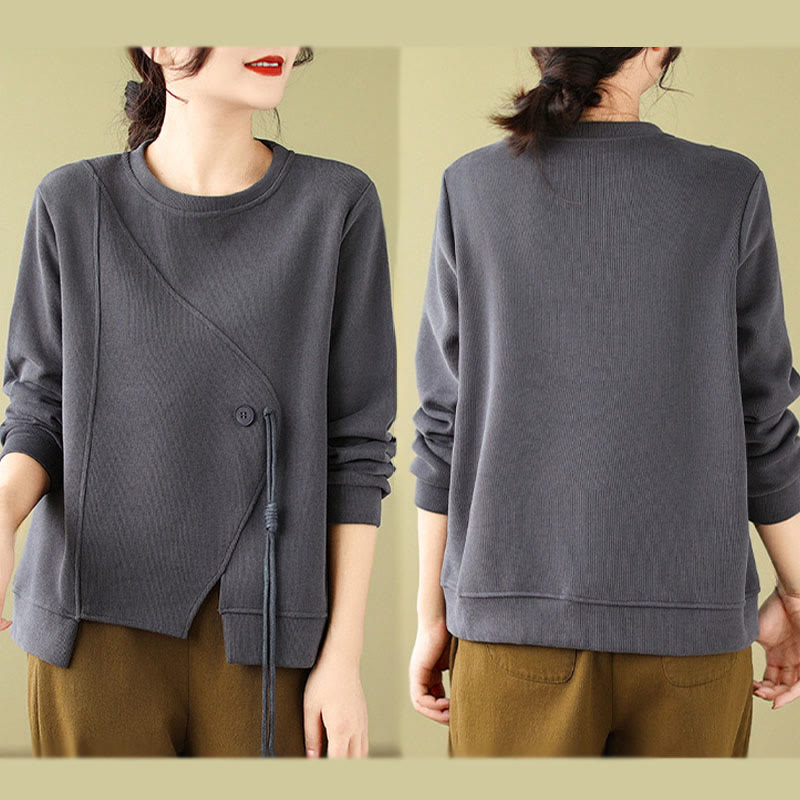 Fall Plain Button Crew Neck Cotton Pullover Women's Sweatshirt - Image 11