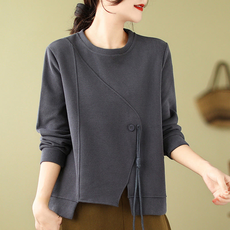 Fall Plain Button Crew Neck Cotton Pullover Women's Sweatshirt - Image 10