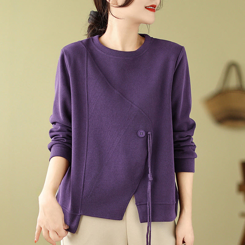 Fall Plain Button Crew Neck Cotton Pullover Women's Sweatshirt - Image 15