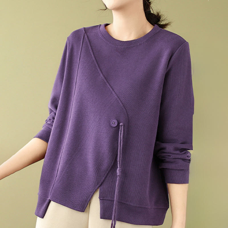 Fall Plain Button Crew Neck Cotton Pullover Women's Sweatshirt - Image 12