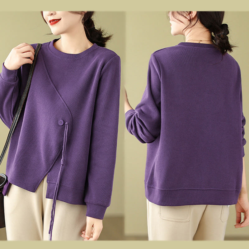 Fall Plain Button Crew Neck Cotton Pullover Women's Sweatshirt - Image 17