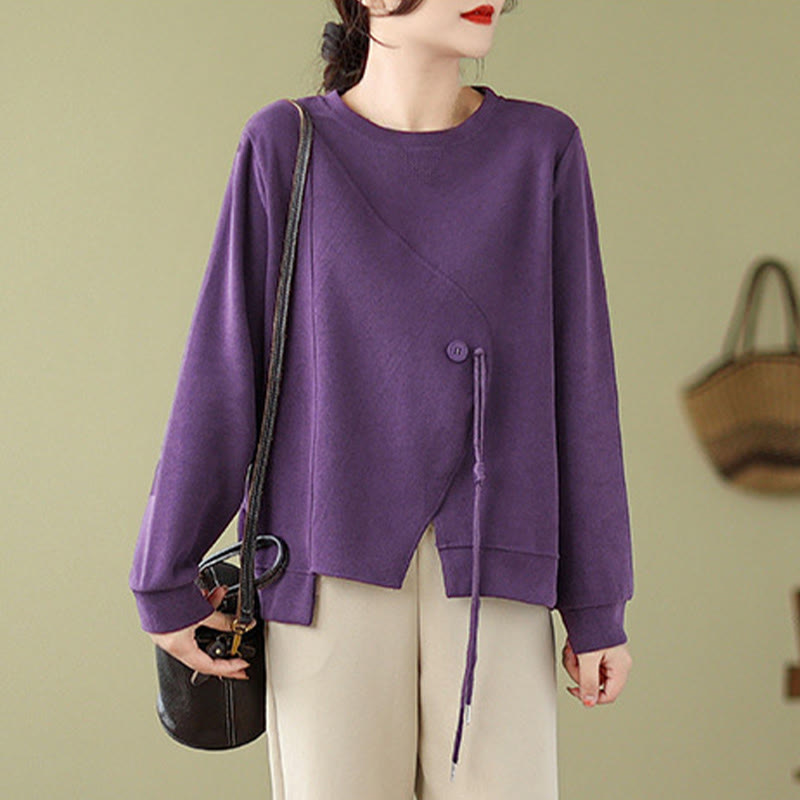 Fall Plain Button Crew Neck Cotton Pullover Women's Sweatshirt - Image 14