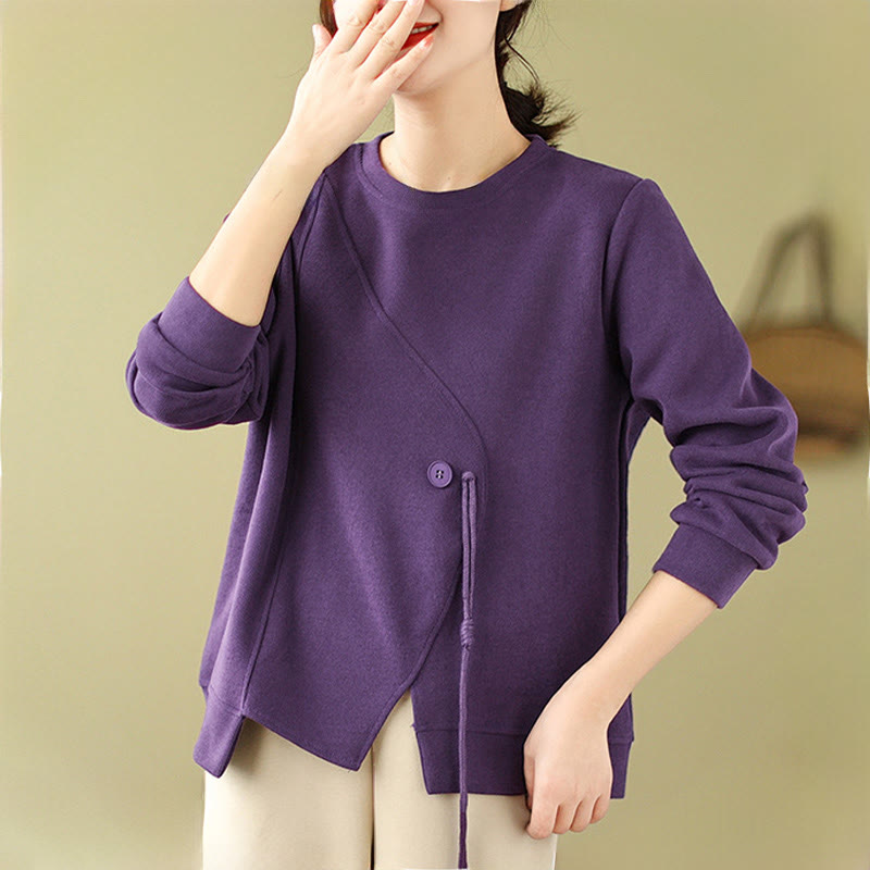 Fall Plain Button Crew Neck Cotton Pullover Women's Sweatshirt - Image 13