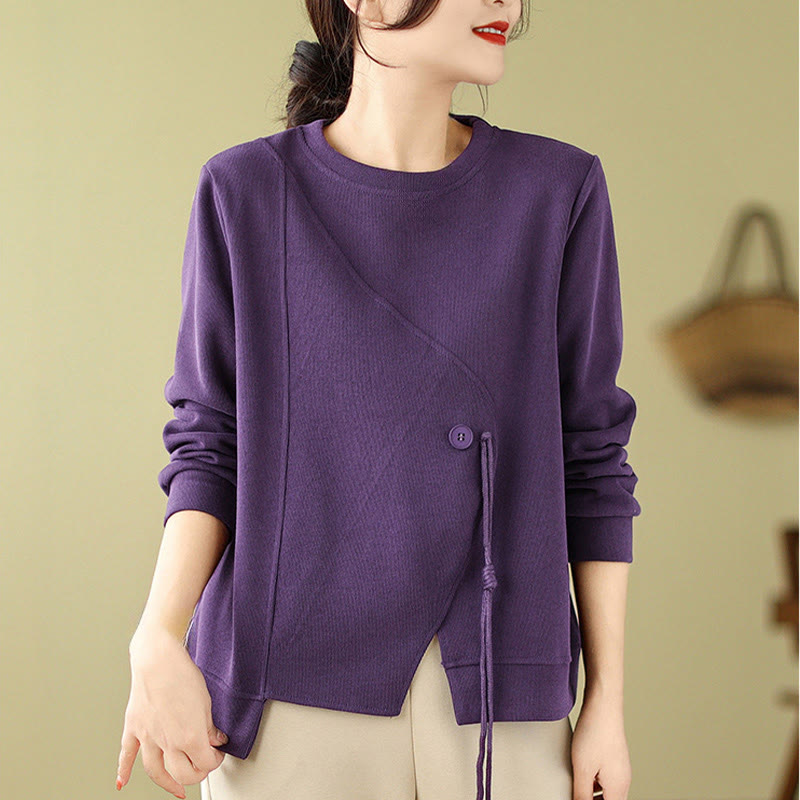 Fall Plain Button Crew Neck Cotton Pullover Women's Sweatshirt - Image 16