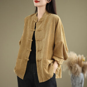 Frog-button Stand Collar Women's Cotton Linen Corduroy Jacket