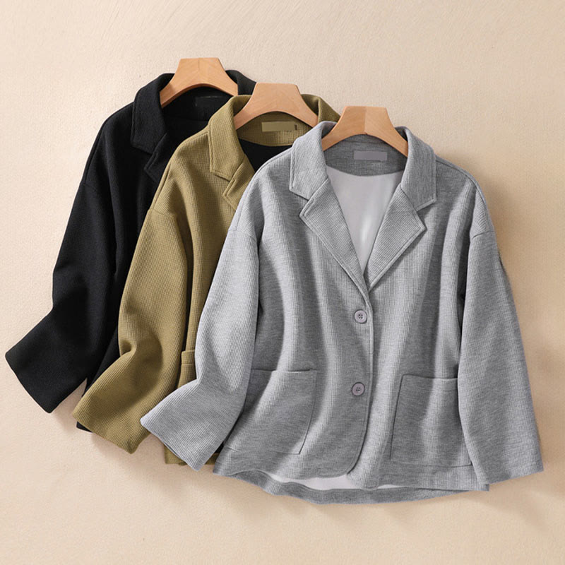 Plain Lapel Women's Cotton Jacket With Pockets - Image 32
