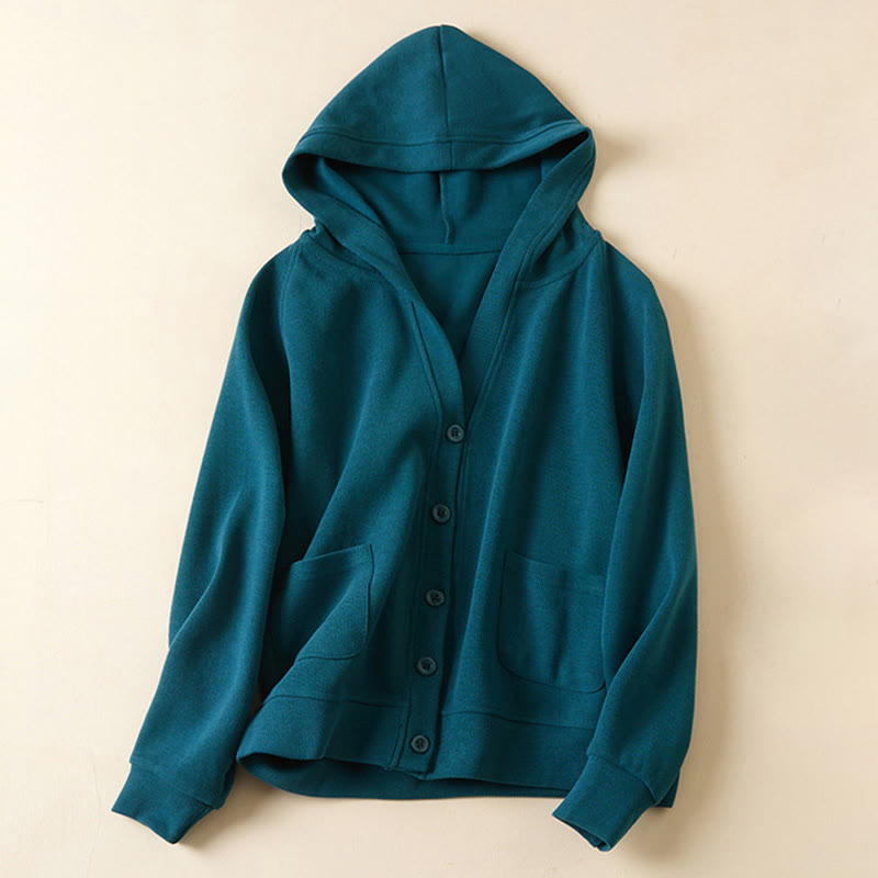 Plain Buttons Women's Cotton Hooded Jacket With Pockets - Image 16