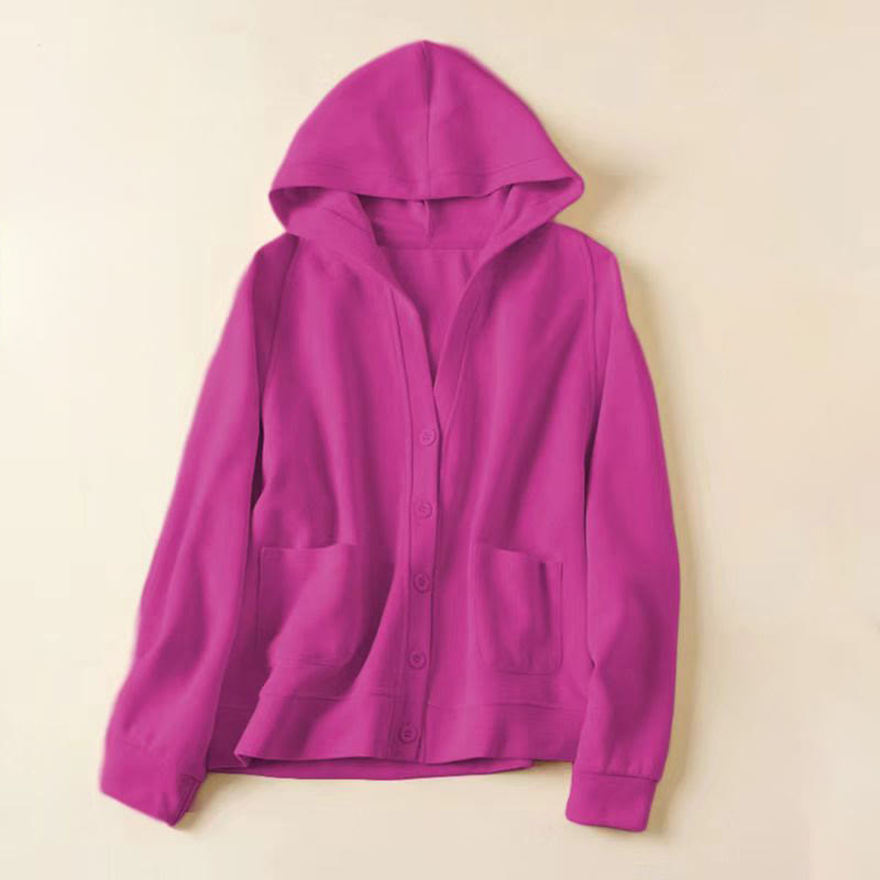 Plain Buttons Women's Cotton Hooded Jacket With Pockets - Image 22