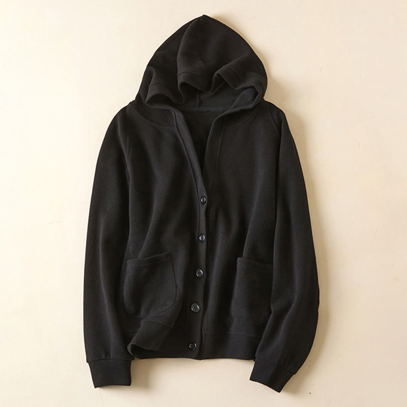 Plain Buttons Women's Cotton Hooded Jacket With Pockets - Image 25