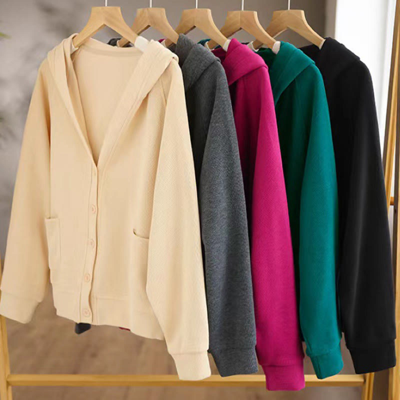 Plain Buttons Women's Cotton Hooded Jacket With Pockets - Image 33
