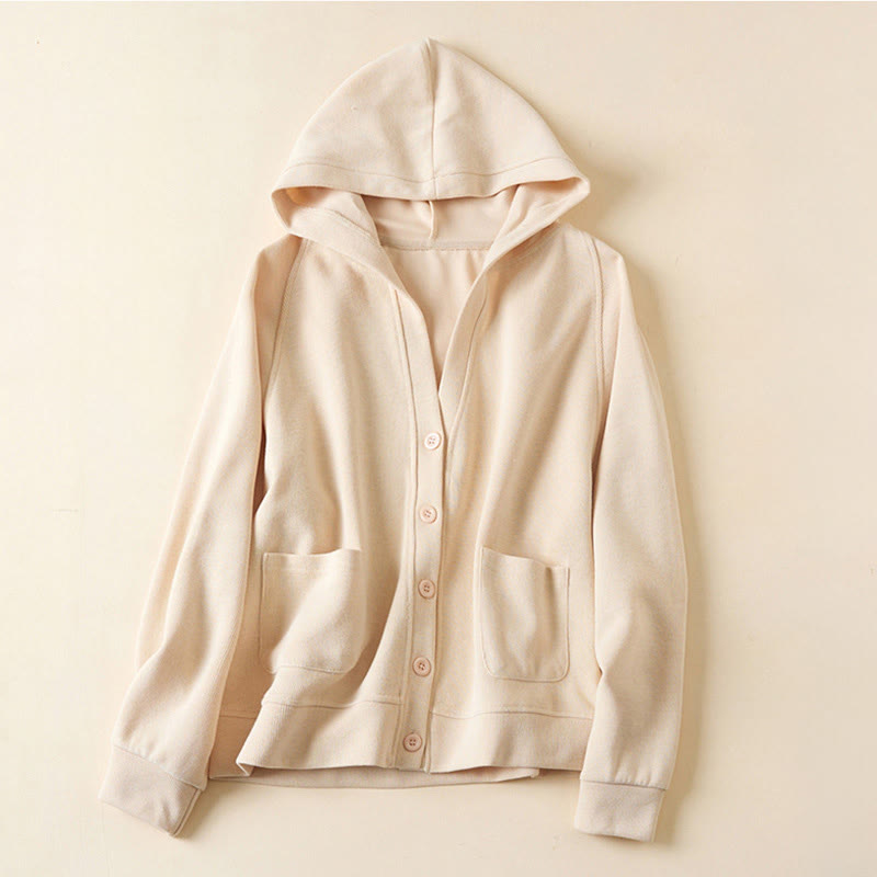 Plain Buttons Women's Cotton Hooded Jacket With Pockets - Image 8