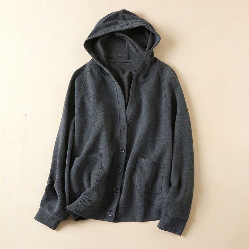 Plain Buttons Women's Cotton Hooded Jacket With Pockets