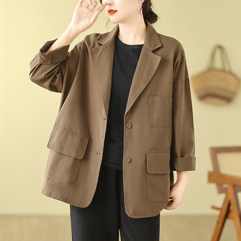 Plain Women's Cotton Suit Jacket With Pockets