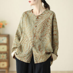 Leaf Print Women's Cotton Linen Jacket With Pockets