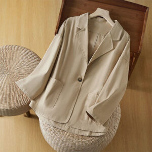 Plain Button Women's Cotton Suit Jacket With Pockets