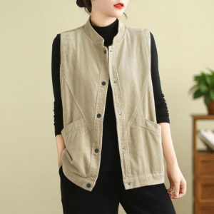 Plain Sleeveless Women's Cotton Vest Corduroy Waistcoat With Pockets