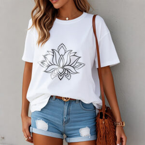Lotus Flower Pattern Simple Design Cotton Tee T-Shirt - Image 10