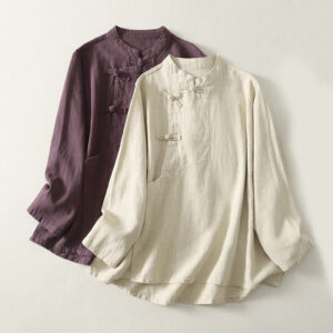 Casual Plain Frog-buttons Cotton Women's Long Sleeve Shirt