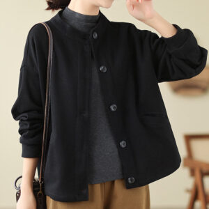 Solid Color Women's Cotton Long Sleeve Jacket With Pockets