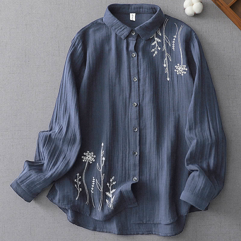 Fall Dandelion Flower Buttons Long Sleeve Women's Cotton Shirt - Image 5