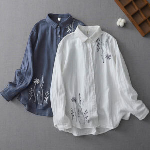 Fall Dandelion Flower Buttons Long Sleeve Women's Cotton Shirt