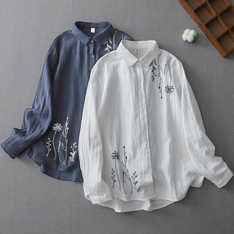 Fall Dandelion Flower Buttons Long Sleeve Women's Cotton Shirt
