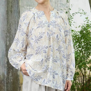 Blue Beige Flowers Notched Design Long Sleeve Women's Shirt For Older Adults