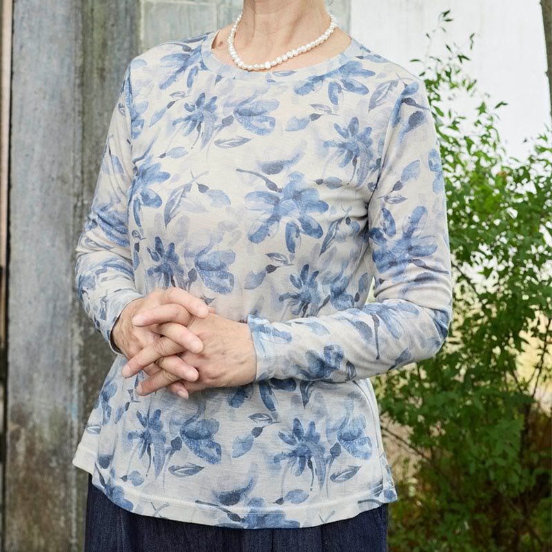 Fall Blue Floral Women's Long Sleeve T-Shirt For Older Adults - Image 5