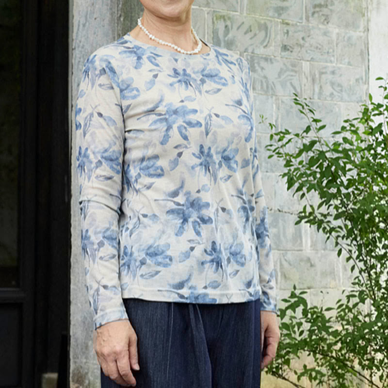 Fall Blue Floral Women's Long Sleeve T-Shirt For Older Adults - Image 8